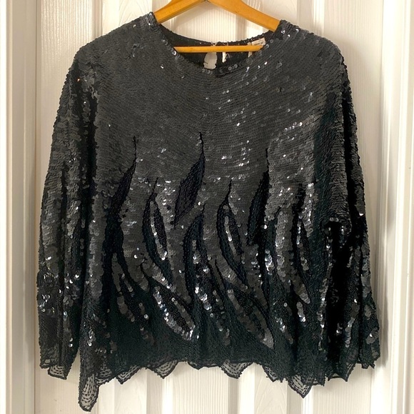 Vintage sequined and beaded flame print black long sleeve evening blouse top S - Picture 1 of 4
